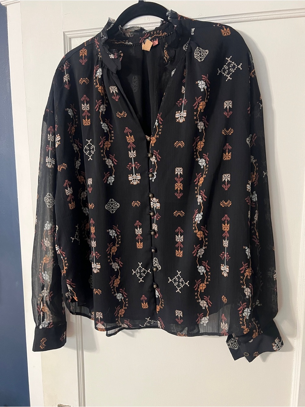 Anthropologie Black Sheer Button-Up Blouse with Rust & Cream Motif